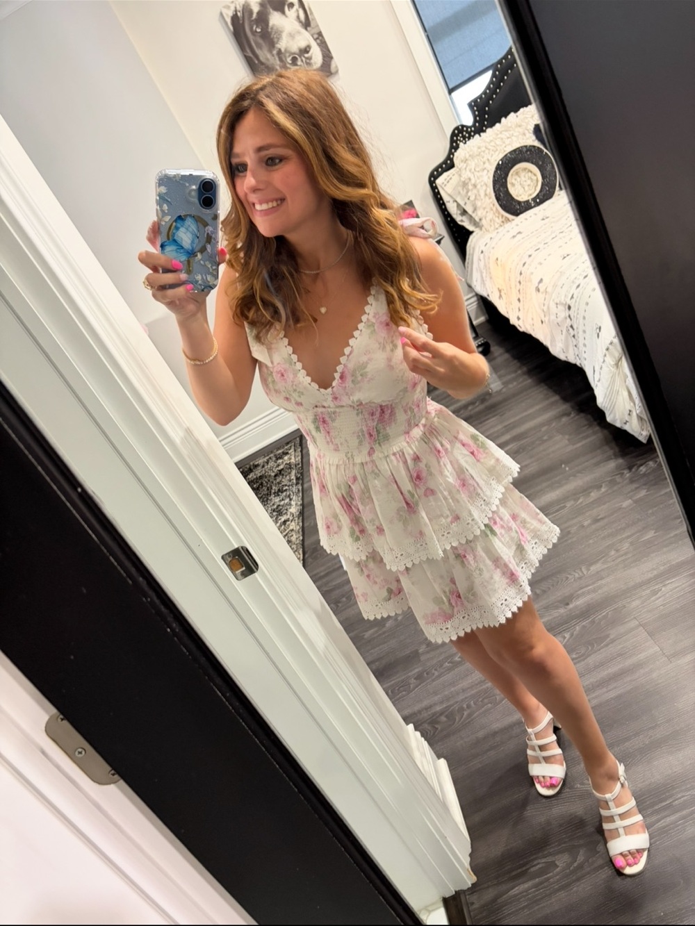 Women's White Floral Tiered Lace Mini Dress tie  bow strap